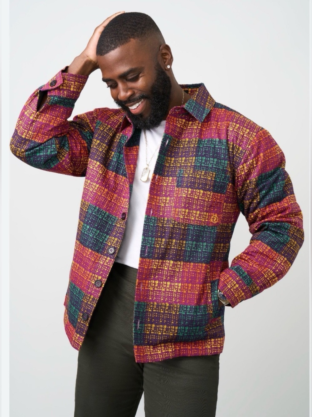 D'IYANU Men's African Print Quilted Shirt Jacket Purple Gold Green L NWT